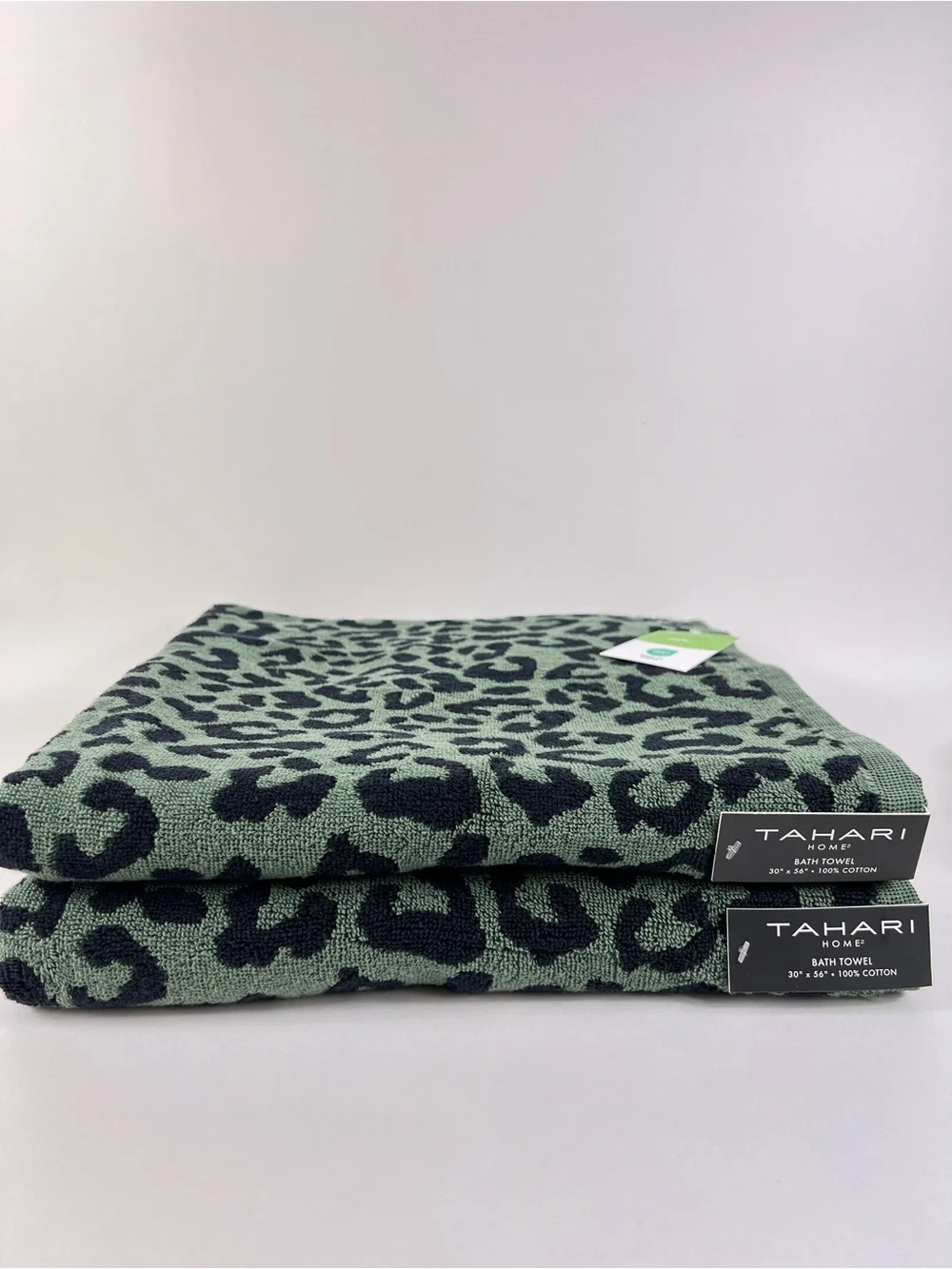 Tahari Home Bath Towel Set Green Black Leopard Print Soft 100% Cotton 8 Pc NEW